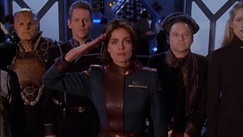Lochley and the "replacements" for all of our historic characters (save Delenn) stand in C&C, Lochley saluting.